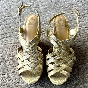 Fergalicious Gold Snake Print Women's Wedge Sandals